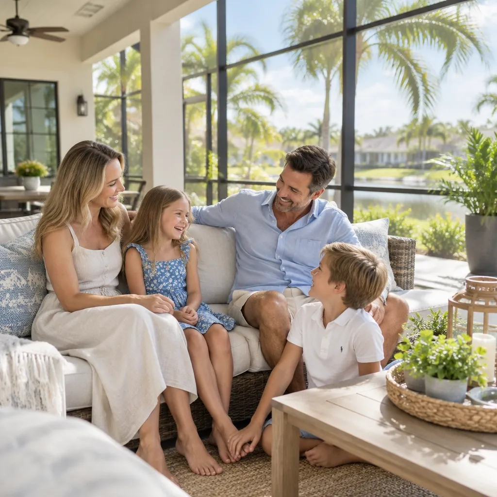 Family relaxing together in a bright screened Florida lanai